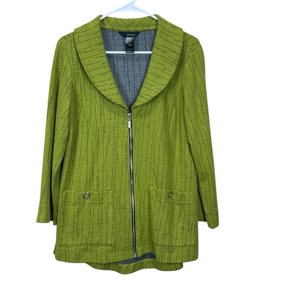 Ali Miles Zip Front Jacket Womens Size Medium Green 3/4 Sleeve Textured Rayon